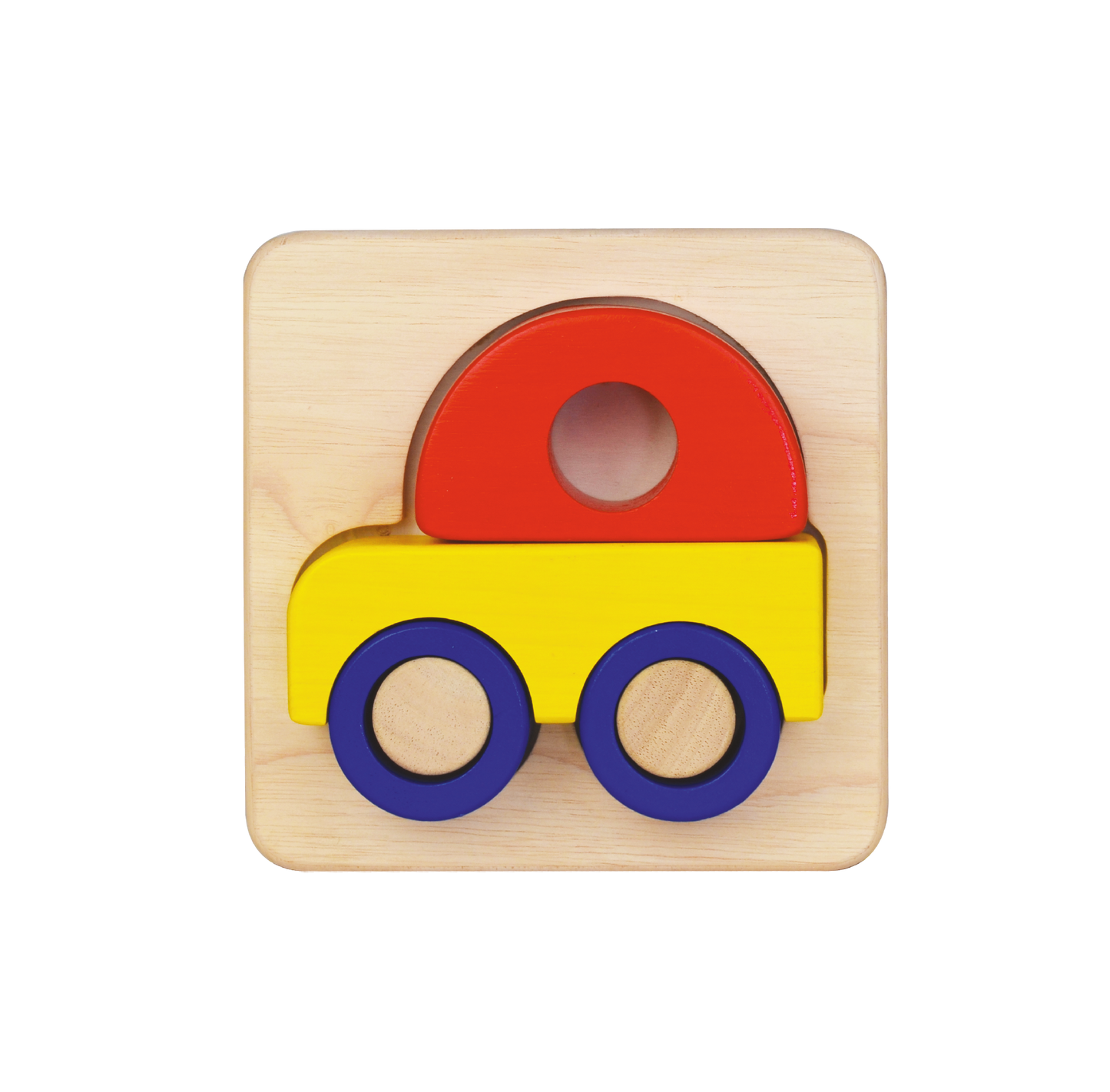 A wooden car tray puzzle with large block pieces in red, yellow, and blue colors on a light wooden tray.