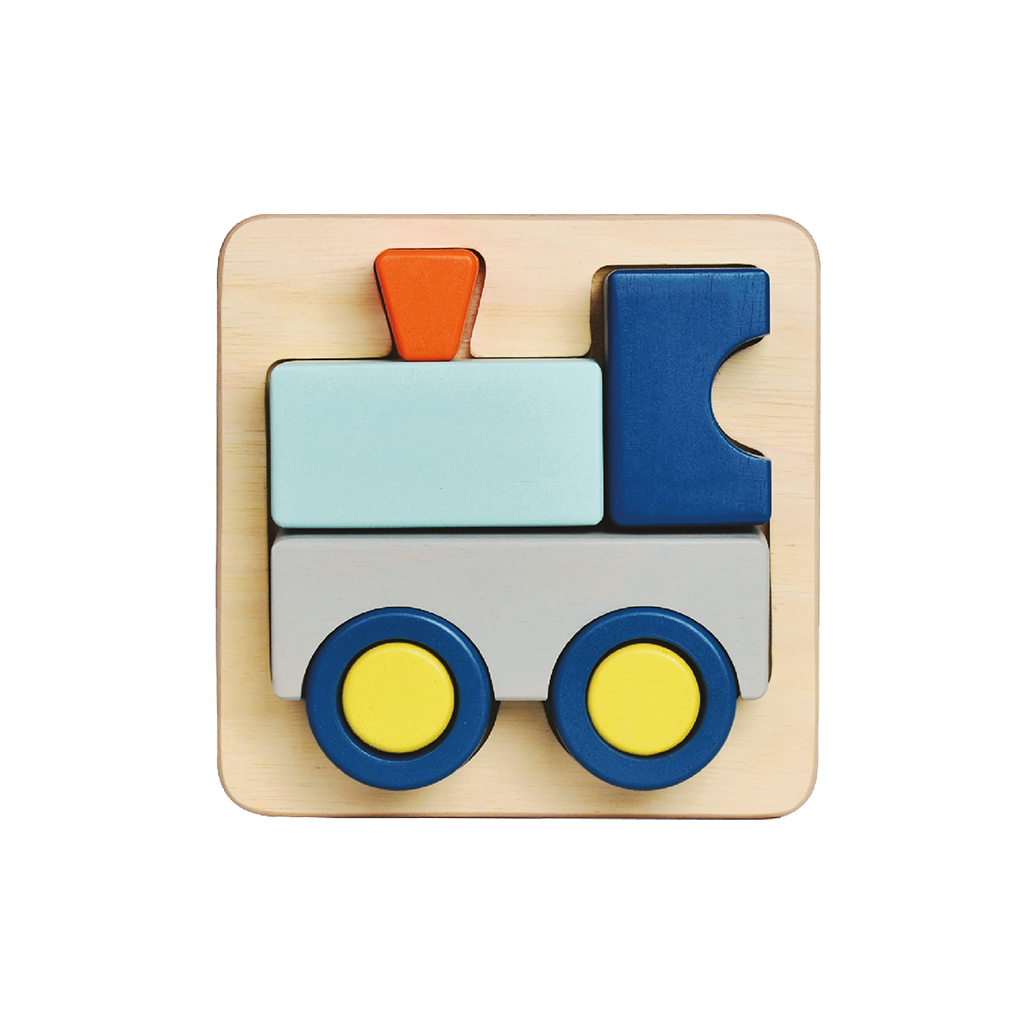 A colorful wooden train tray puzzle with large block pieces in blue, red, and yellow.